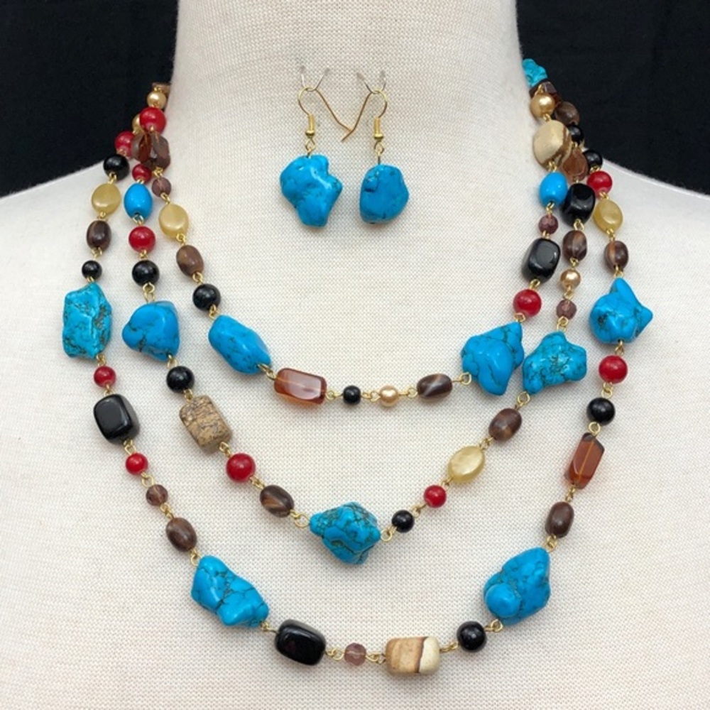 3 Row Layered Turquoise Stone Brown Red Black Mix Beaded Necklace Earrings Set